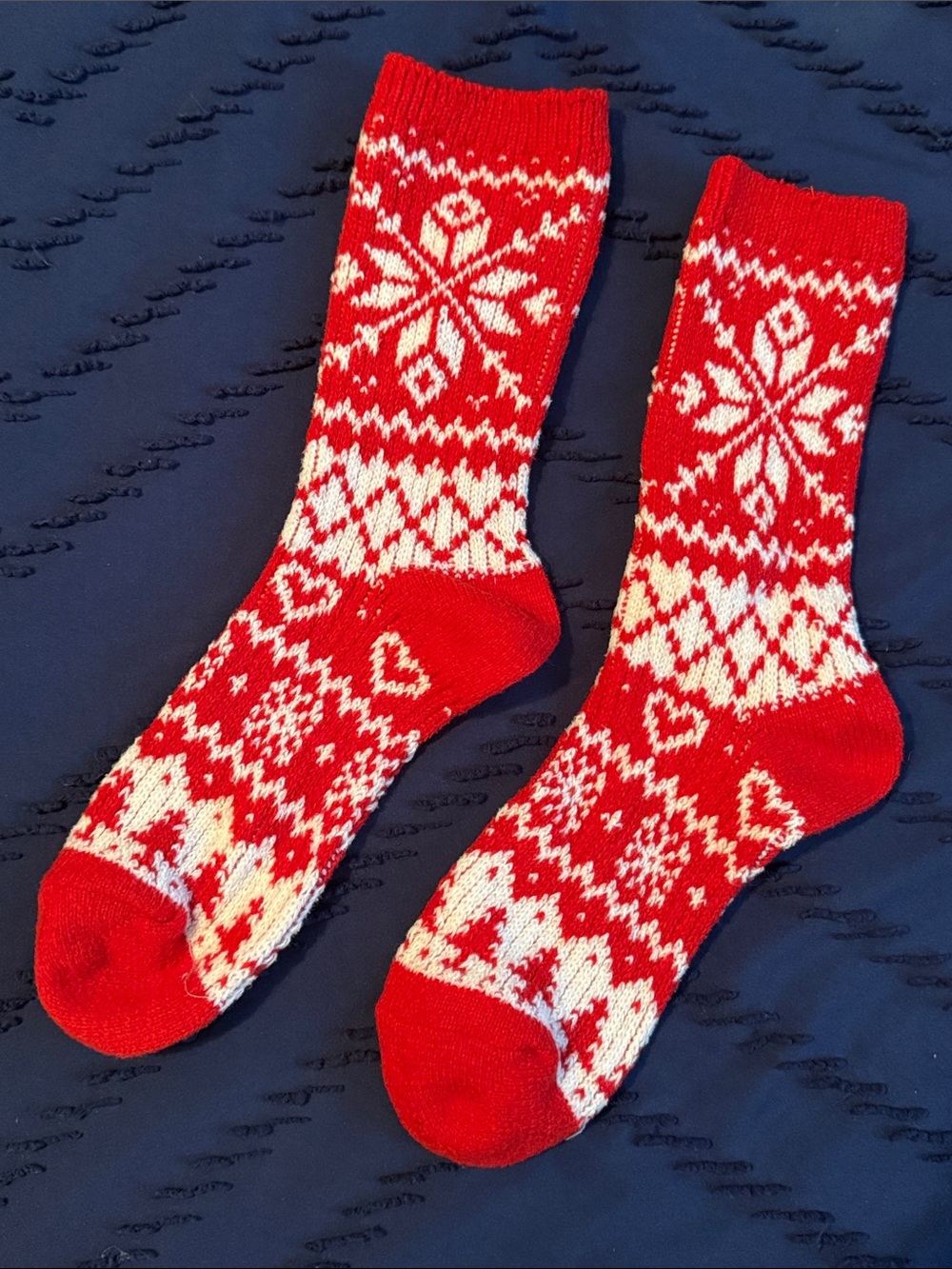 Red Fair Isle Knit Crew Socks